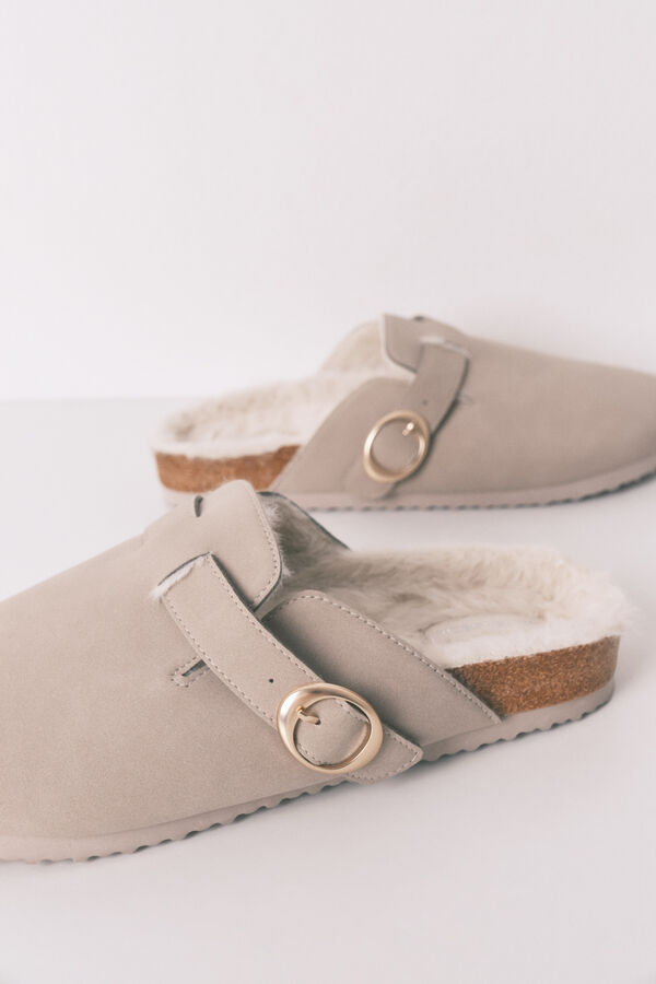 Women'secret Sive krznene papuče u stilu klompi Siva