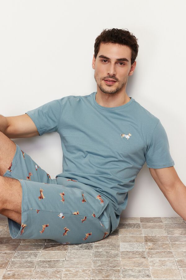 Trendyol Pijama de homem em algod&atilde;o estampado animal azul