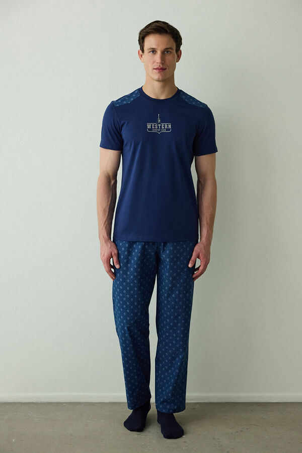 Penti Men's Western Slogan Short Sleeve Cotton Pajama Set blue