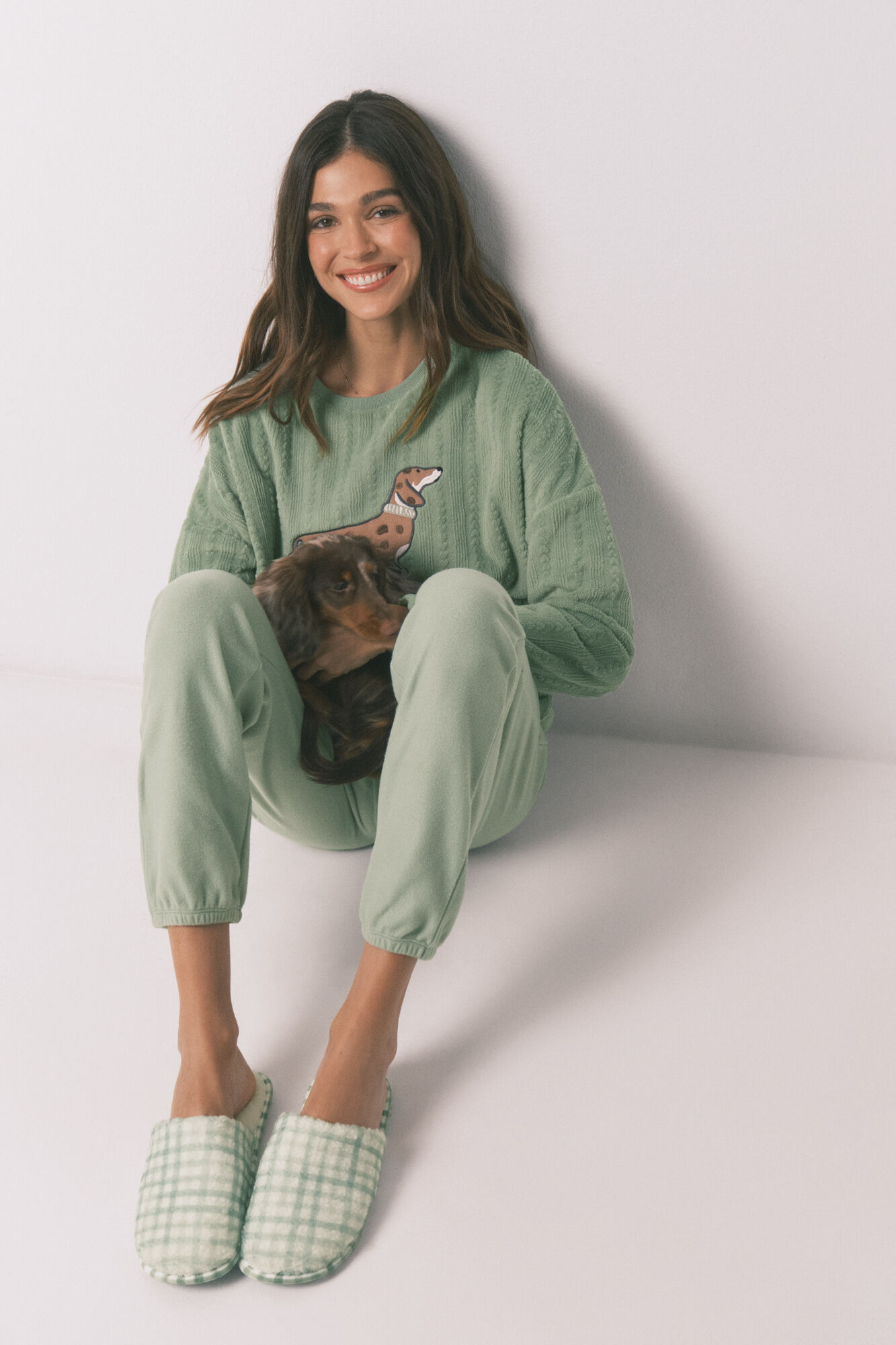 Women'secret Chinelos de quarto de pelo aos quadrados verdes