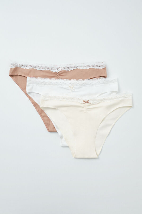 Women'secret Pack 3 bragas cl&aacute;sicas algod&oacute;n lisas encaje Print