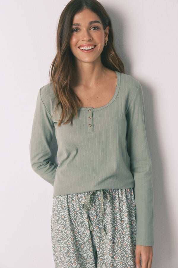 Women'secret Zelena pamučna duga cvetna pidžama Zelena