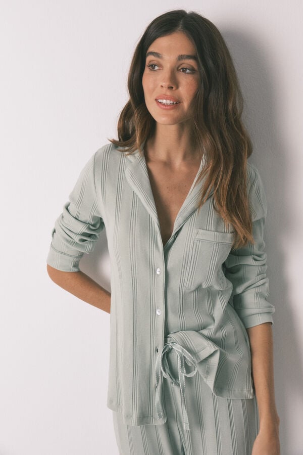 Women'secret Zelena rebrasta pamučna duga ko&scaron;ulja pidžama Zelena