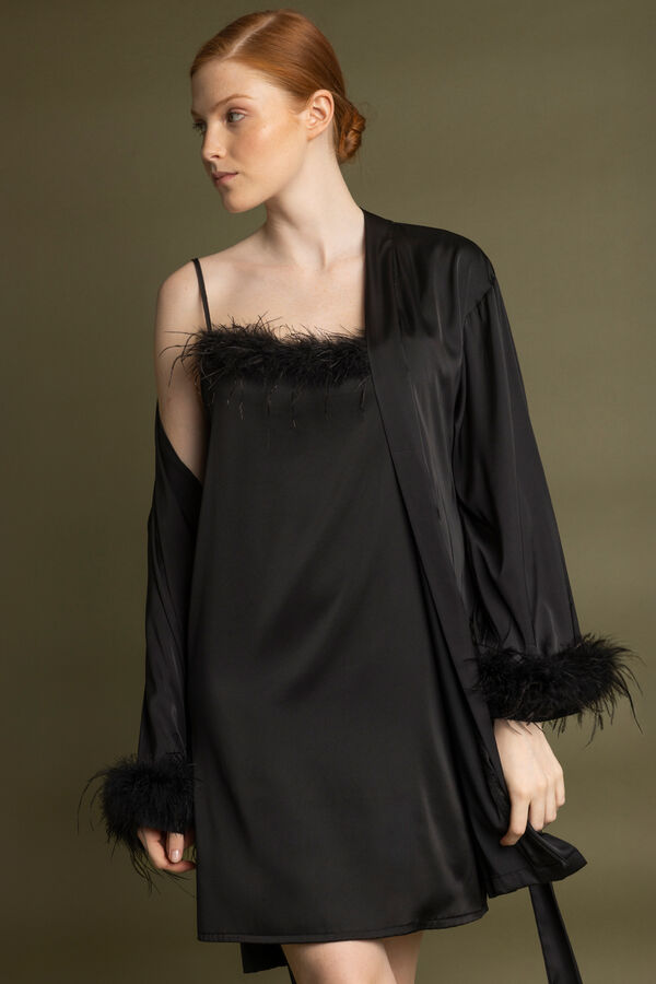 Admas Camisa de dormir de cetim com detalhe de plumas de marabu luxo preto