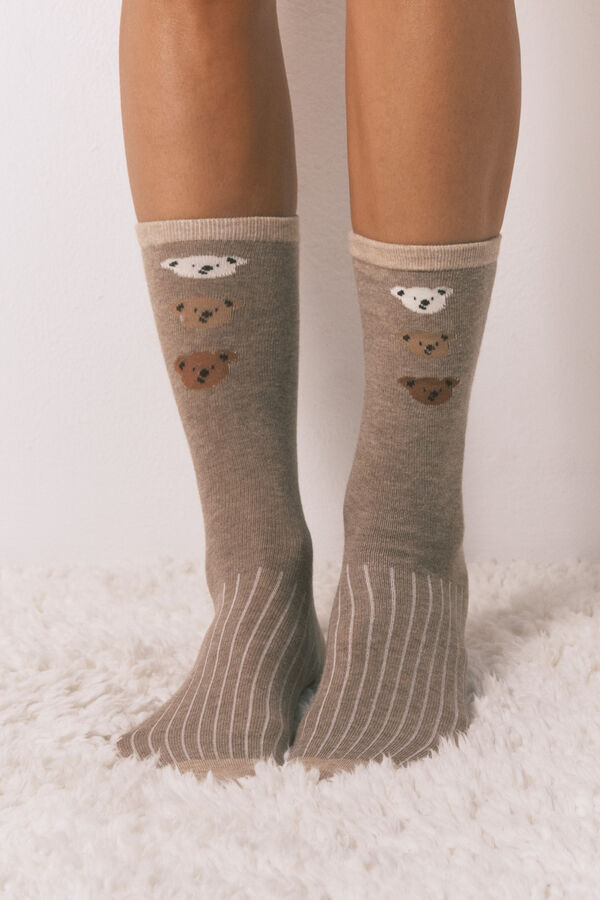 Women'secret Paket od 3 duge pamučne čarape sa medvedićima  Bež