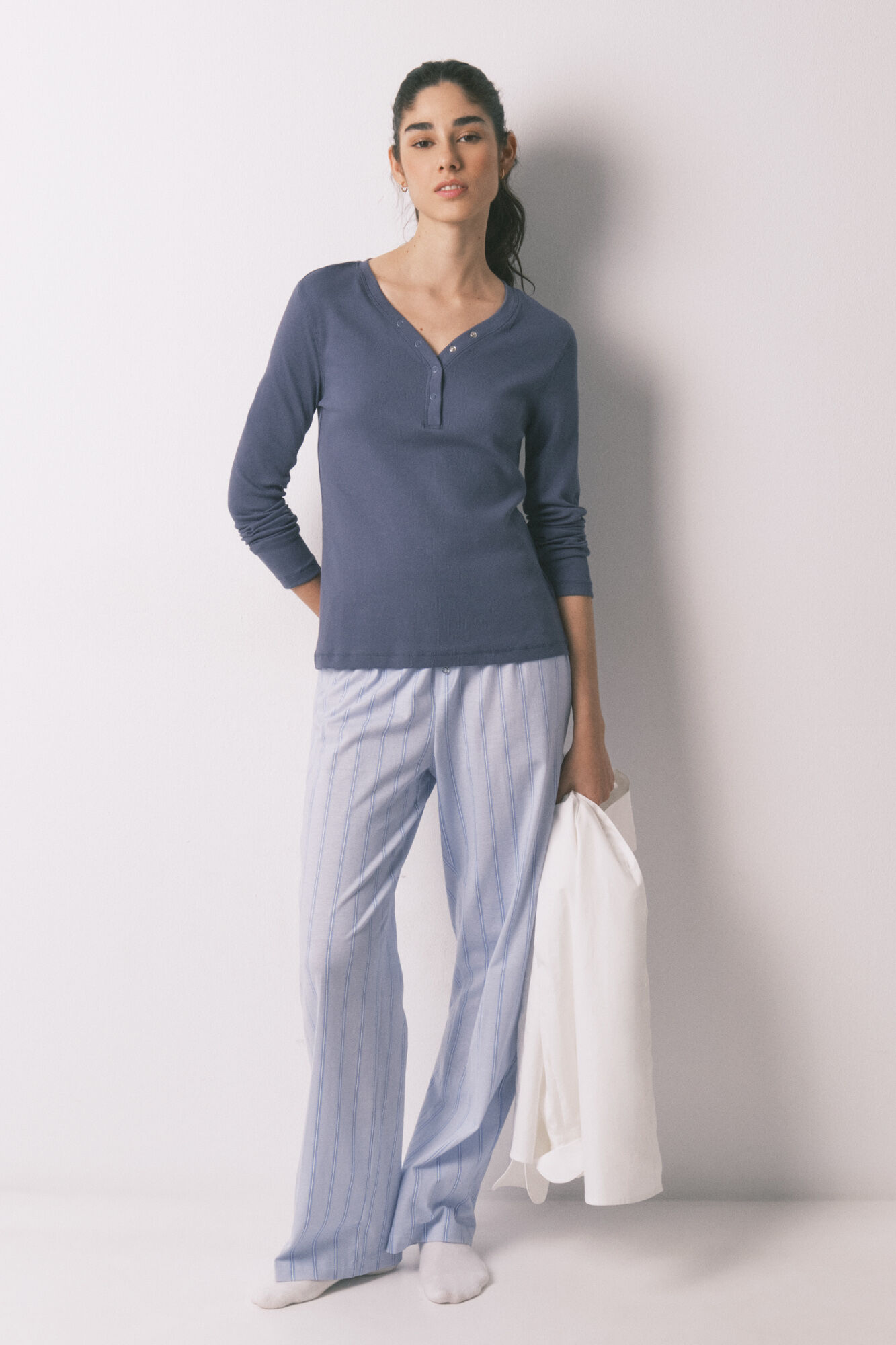 Women'secret Plava pamučna rebrasta majica dugih rukava