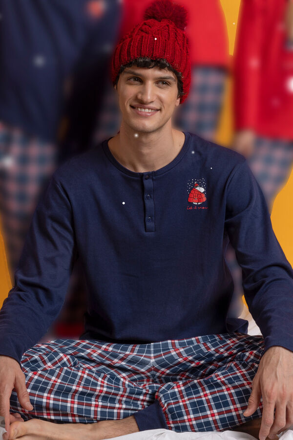 Admas Pijama largo Snoopy cuadros 100% algod&oacute;n azul