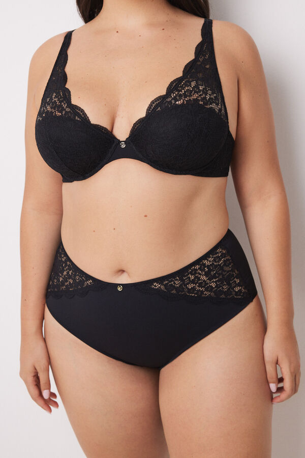 Women'secret Duboke gaćice od mikrofibera i čipke crne boje Crna
