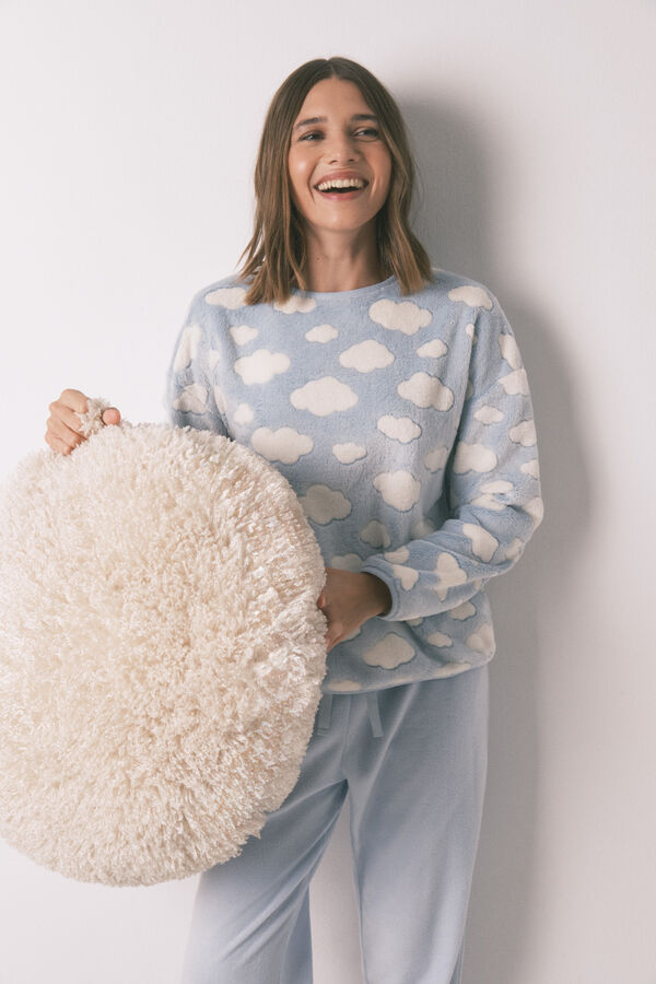 Women'secret Duga pidžama od mousse flisa sa oblacima Plava