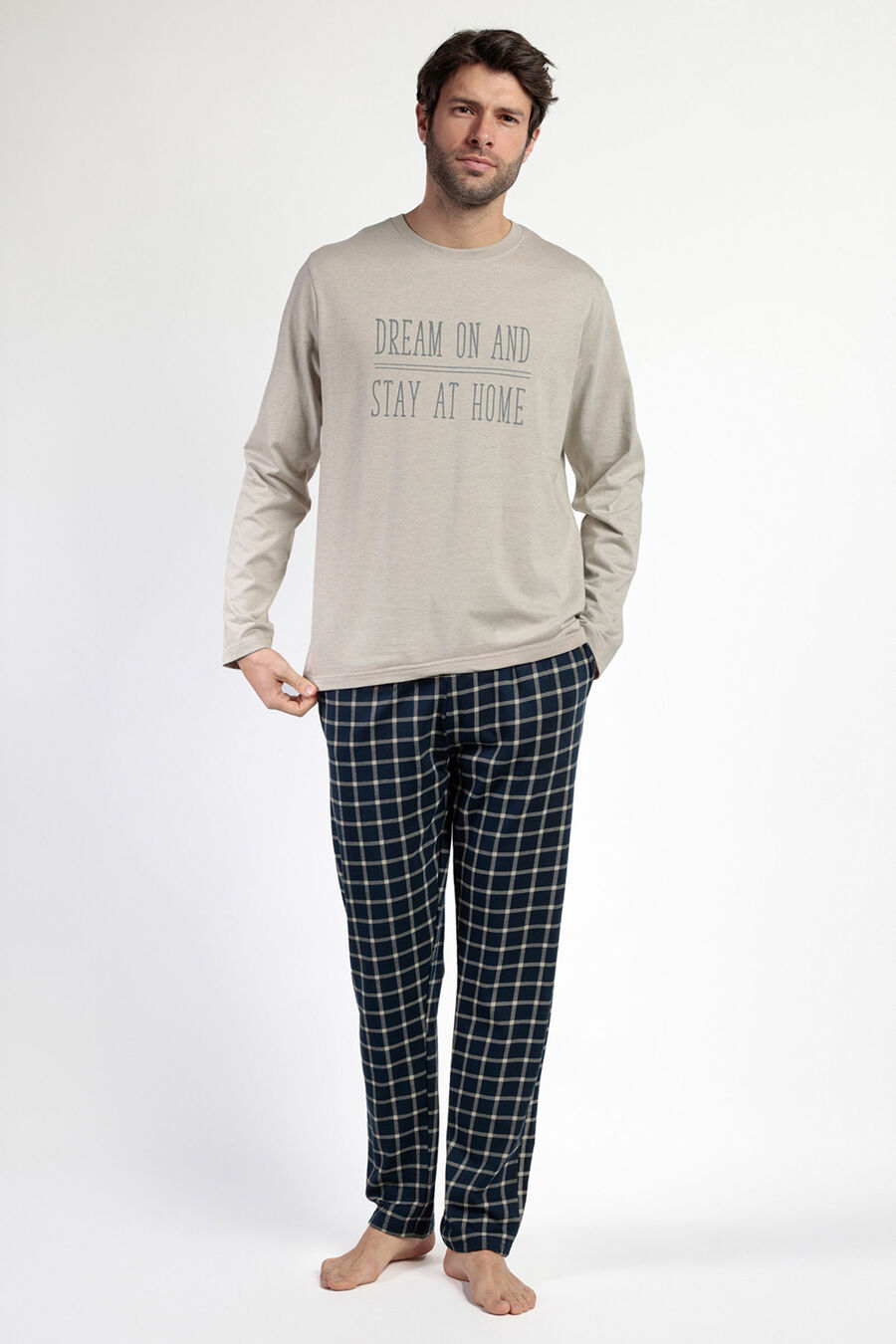 Pijama largo azul y beige cuadros para hombre