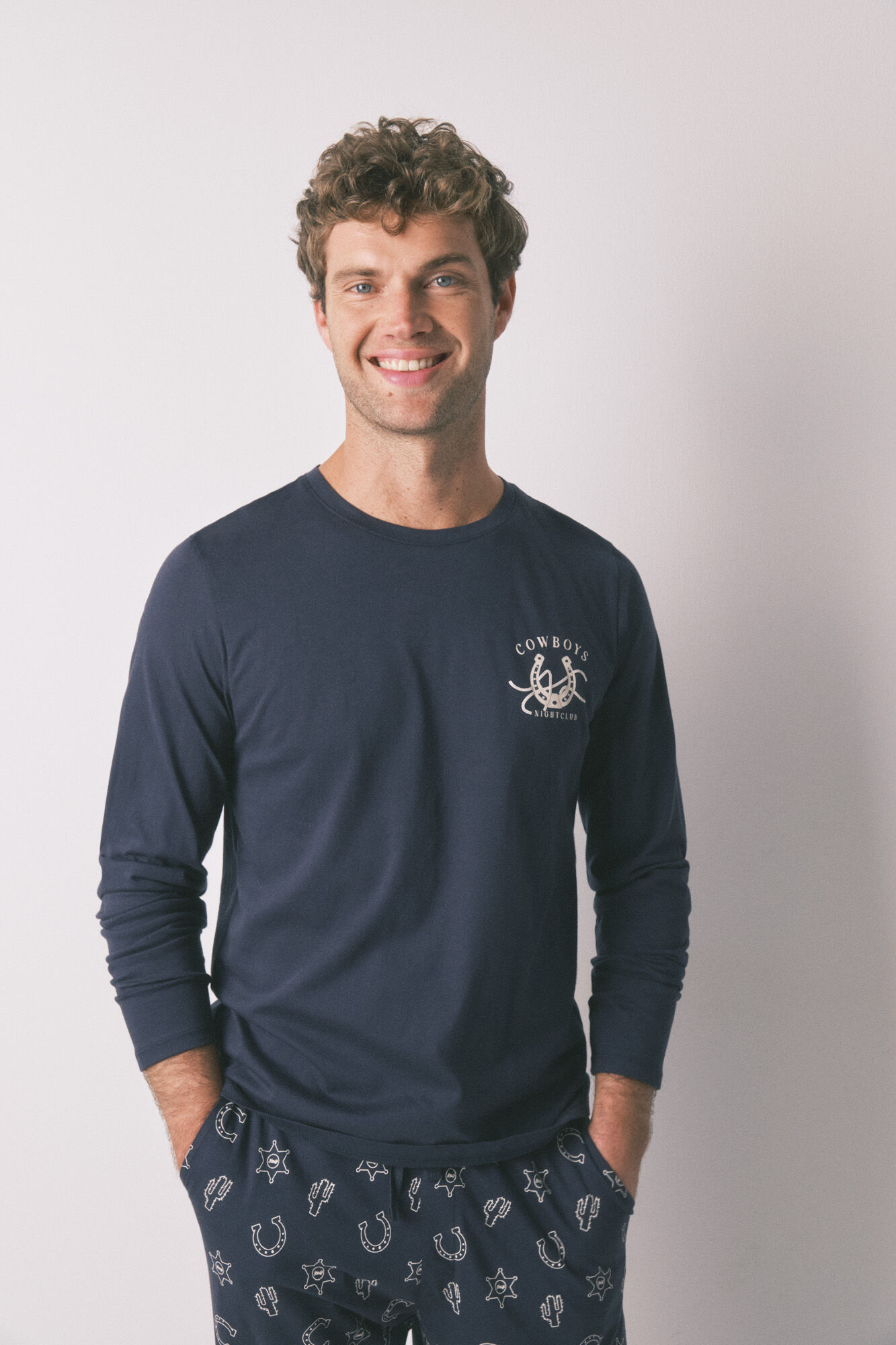 Women'secret Duga pidžama od 100% pamuka, seosko plava