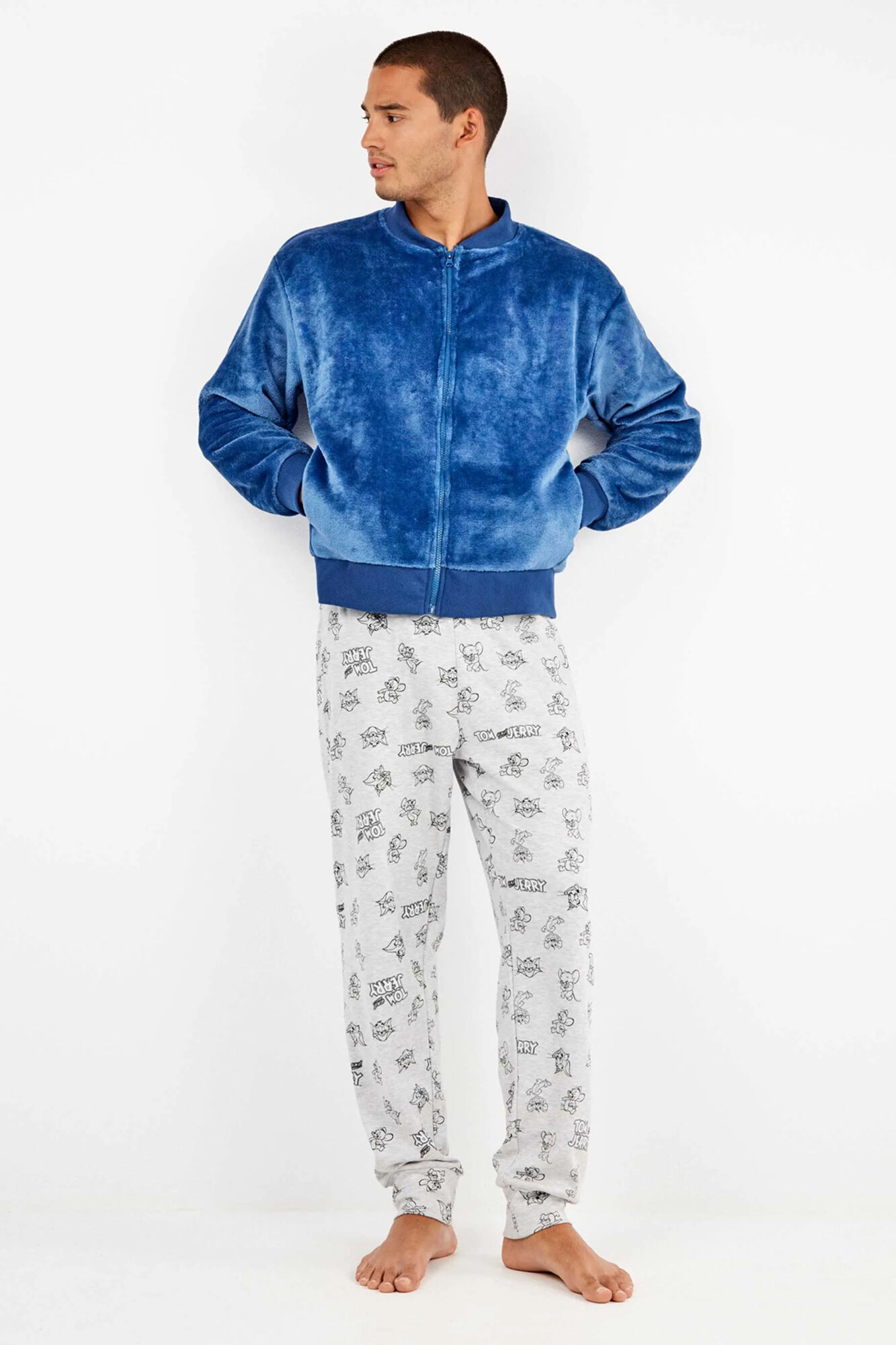 Gisela Casaco bomber masculina azul de pel&uacute;cia
