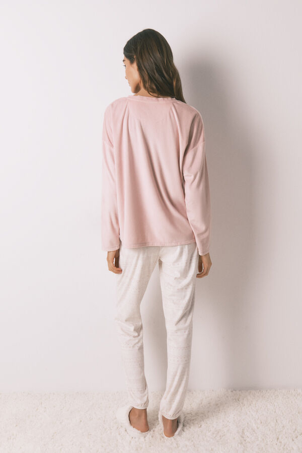 Women'secret Duga pidžama od mekog flisa sa roze bordurama Roze