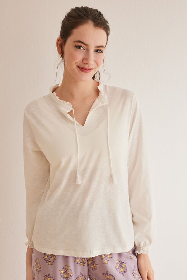 Womensecret T-shirt manches longues blanches décolleté en V 100 % coton beige