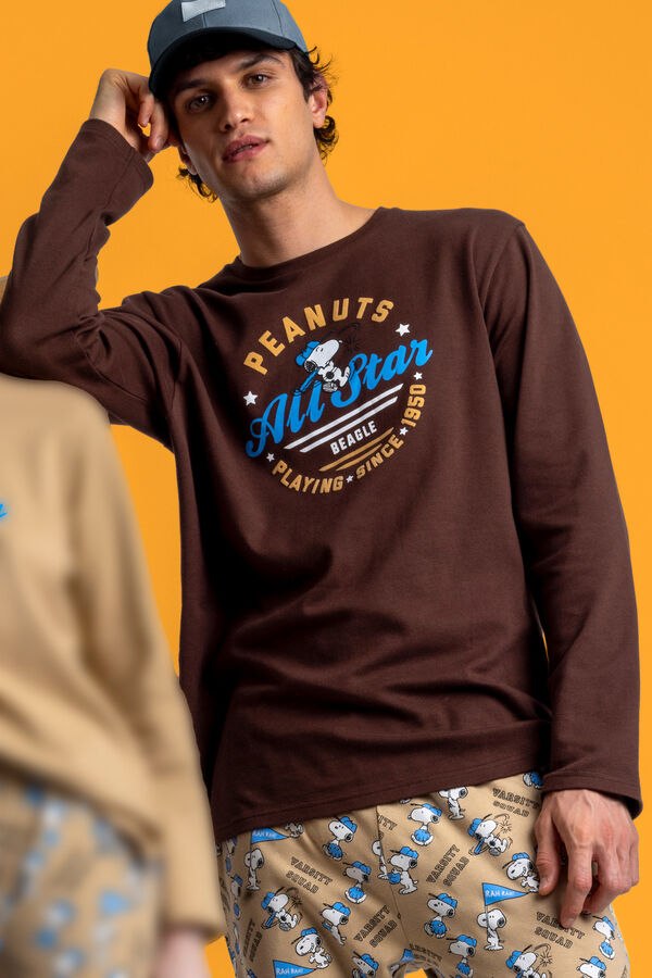 Admas Pijama largo Snoopy 100% algod&oacute;n para hombre marr&oacute;n