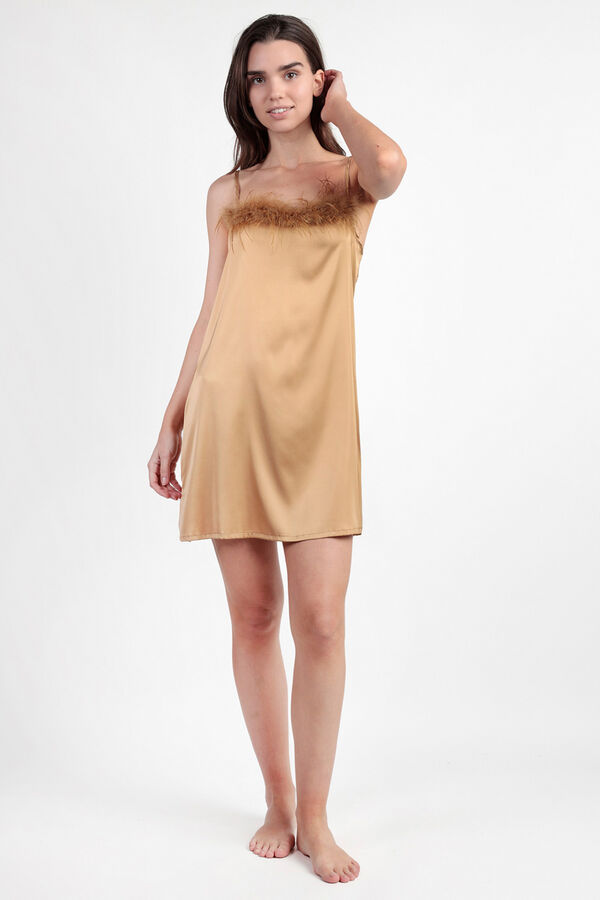 Admas Camisa de dormir de cetim com detalhe de penas de marabu de luxo amarelo