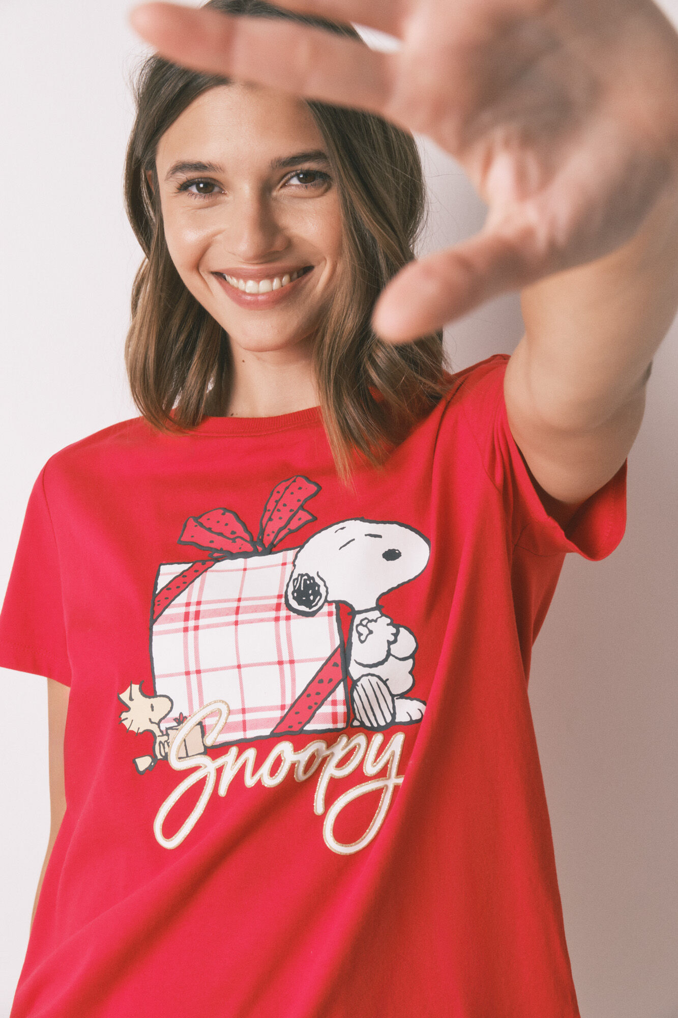 Women'secret Pijama largo 100% algod&oacute;n cuadros rojo Snoopy