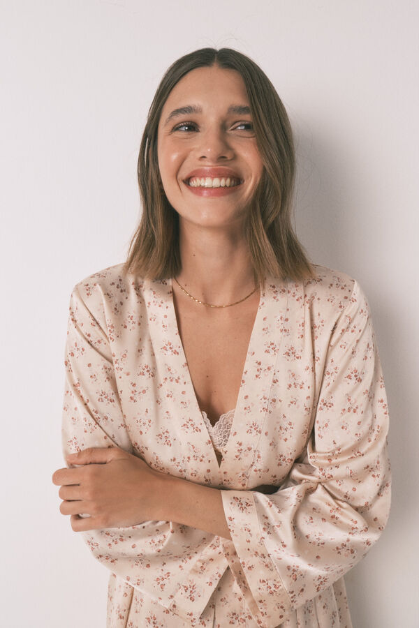 Women'secret Široki midi vrećasta kućni ogrtač sa ružičastim cvetom Roze