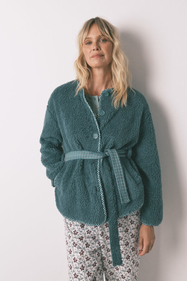 Women'secret Kućni ogrtač zelene boje i  tkaninom od imitacije ovčije kože Zelena