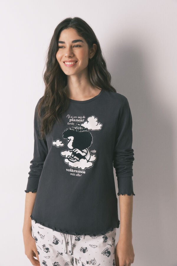 Women'secret Duga siva pamučna pidžama 100% s printom Mafalda Siva