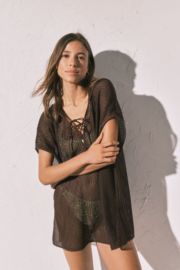 Women'secret Braon pletena kratka tunika sa kapuljačom Braon