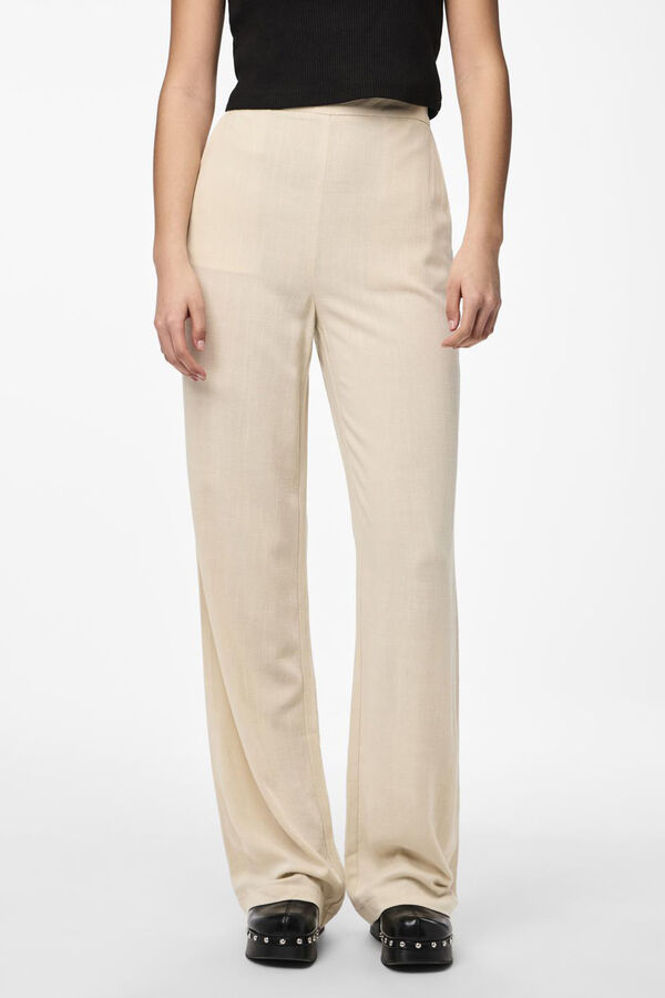 Womensecret Women's fluid linen trousers with elasticated waist detail. gris