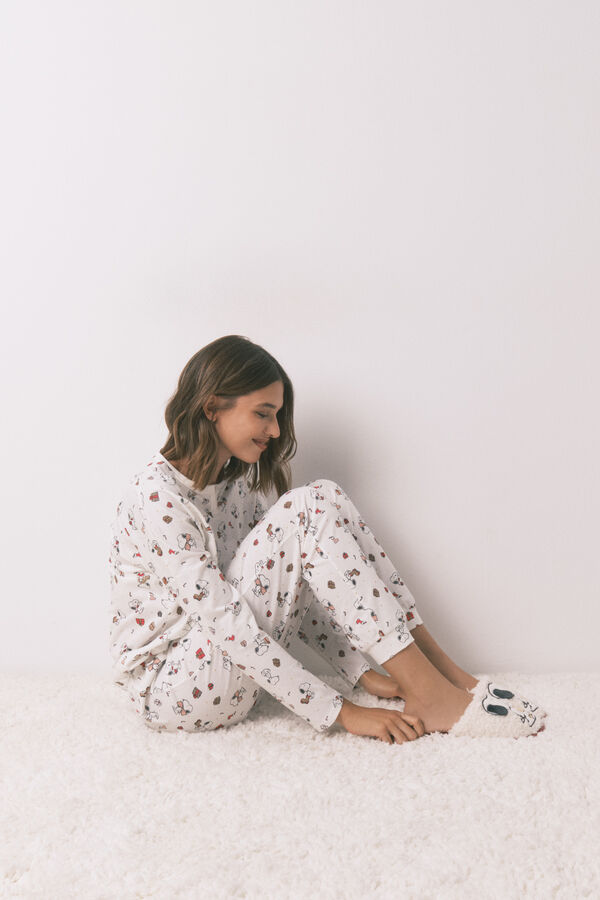 Women'secret Hosszú fehér pizsama 100% pamutból Snoopy bézs