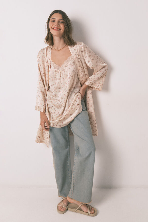 Women'secret Široki midi vrećasta kućni ogrtač sa ružičastim cvetom Roze