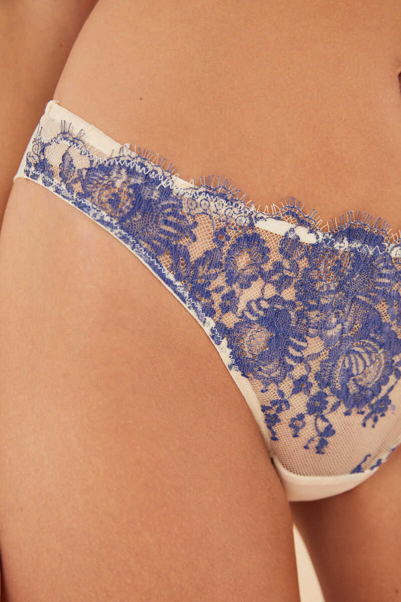 Blue lace and mesh Brazilian panty