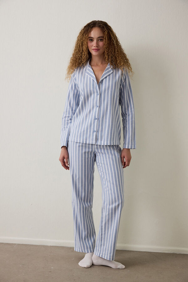 Penti Cozy Striped Shirt Collar Button-Down Long Sleeve Pajama Set blue