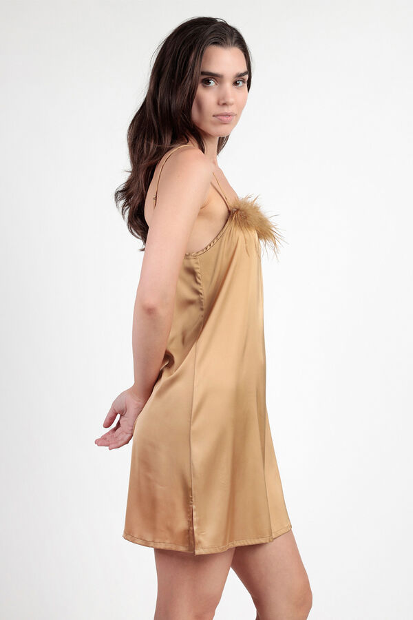 Admas Camisa de dormir de cetim com detalhe de penas de marabu de luxo amarelo