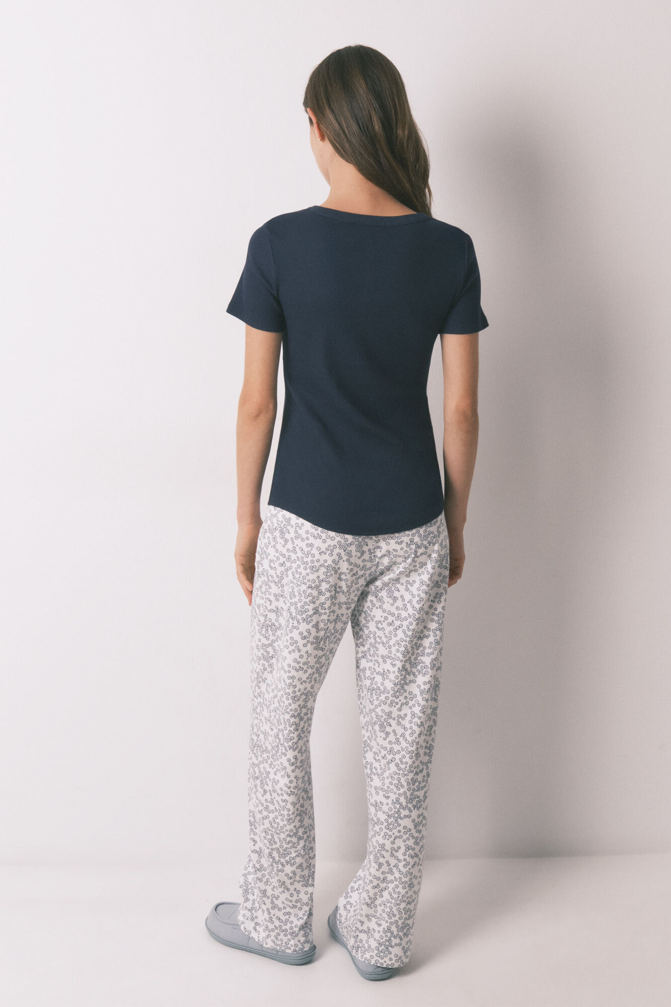 Floral print cotton long trousers
