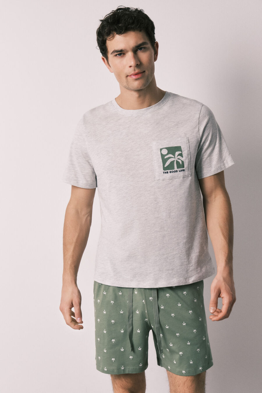 Pijama corto hombre algodón estampado palmeras