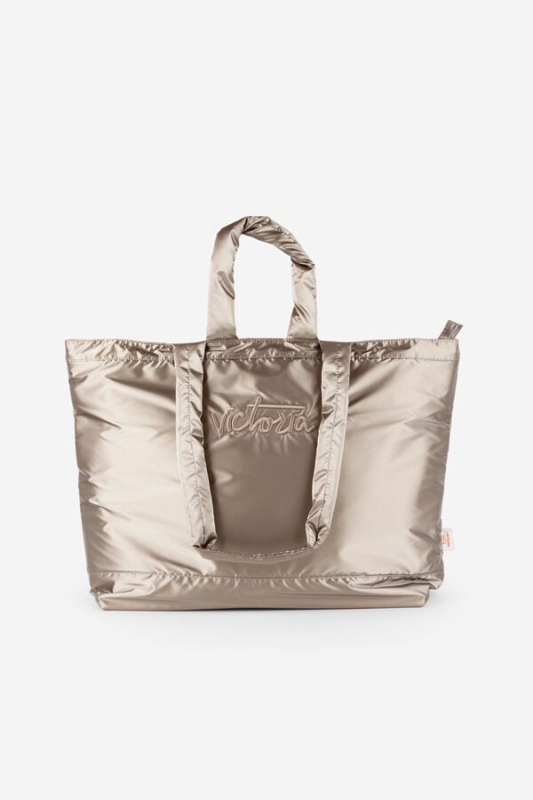 Victoria Sacola de compras em nylon acolchoado metálico amarelo