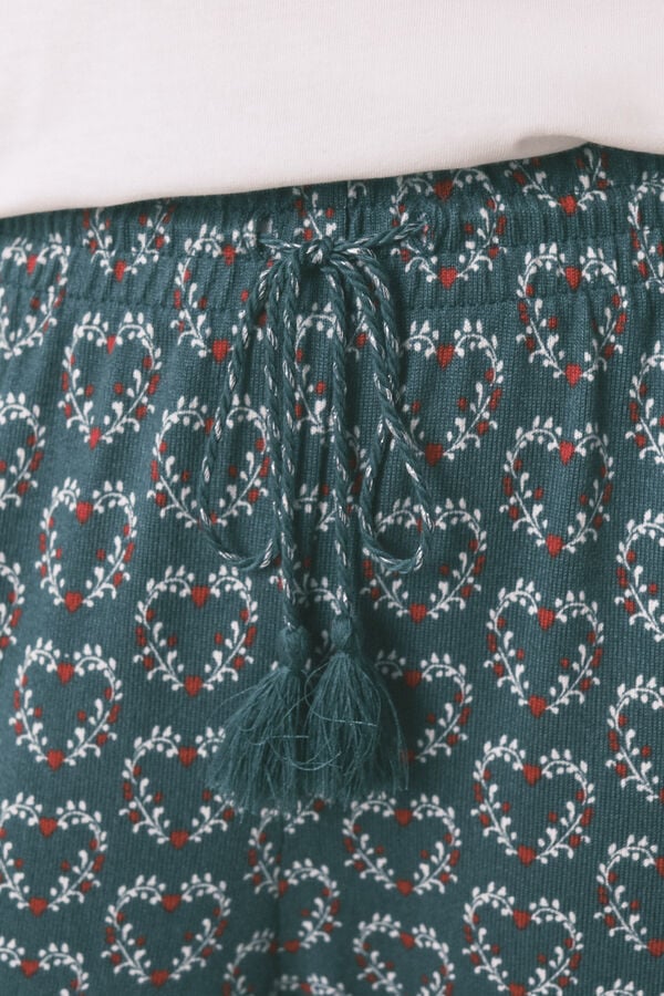 Women'secret Duge pletene pantalone od antilopa sa printom srca Zelena