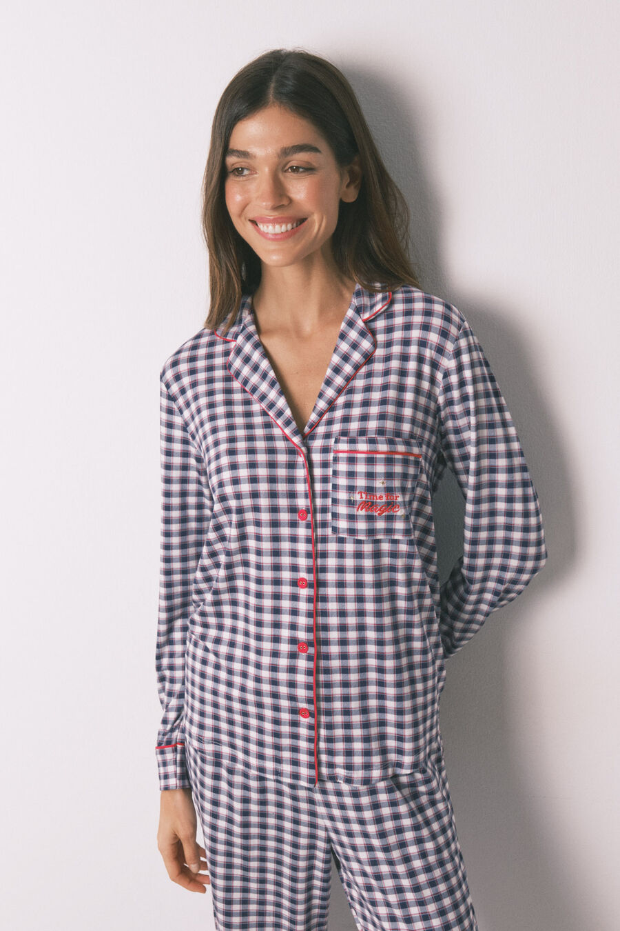 Pijama camisero largo punto suave cuadros