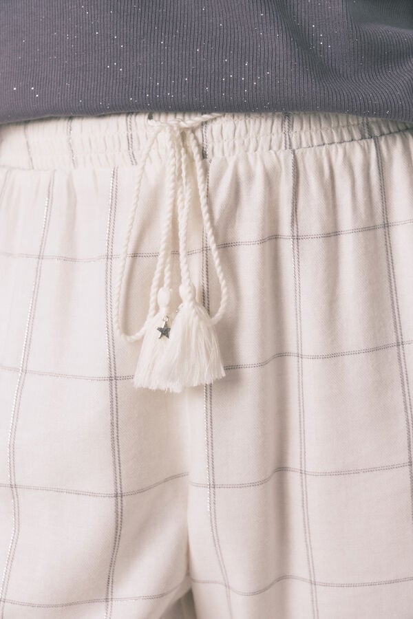 Women'secret Duge bele flanelske pantalone sa kariranim printom Bež