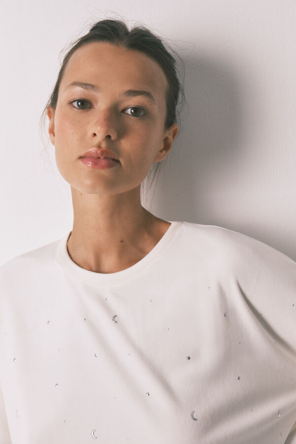 Women'secret Duga pidžama od mekog belog somota sa &scaron;ljokicama Bež