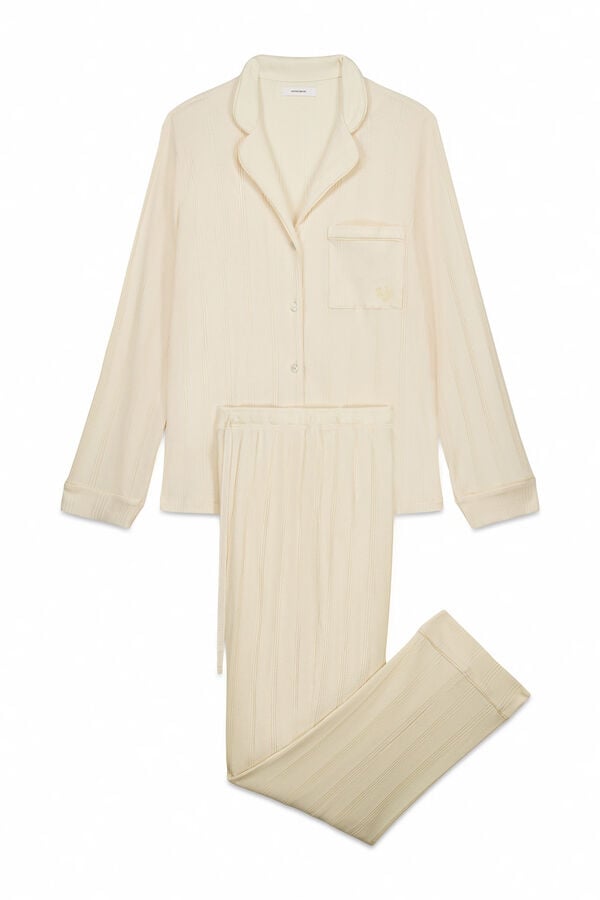 Women'secret Žuta pamučna duga rebrasta ko&scaron;ulja pidžama Bež