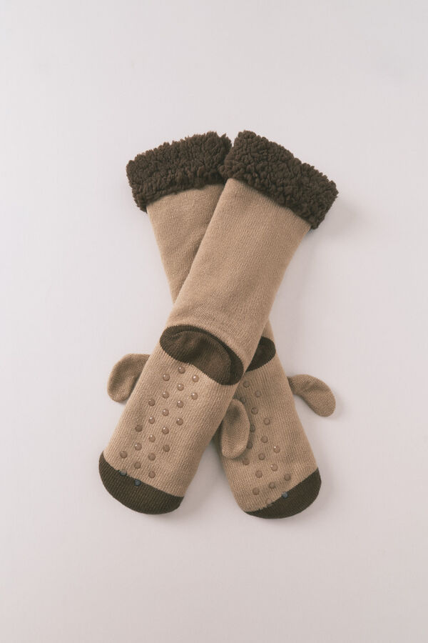 Women'secret Smeđe trikotažne dugačke čarape sa printom pasa Bež