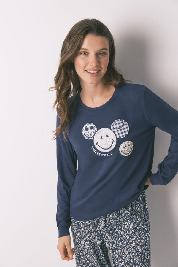 Women'secret Duga pidžama od 100% pamuka, plava boja, Smajli Plava