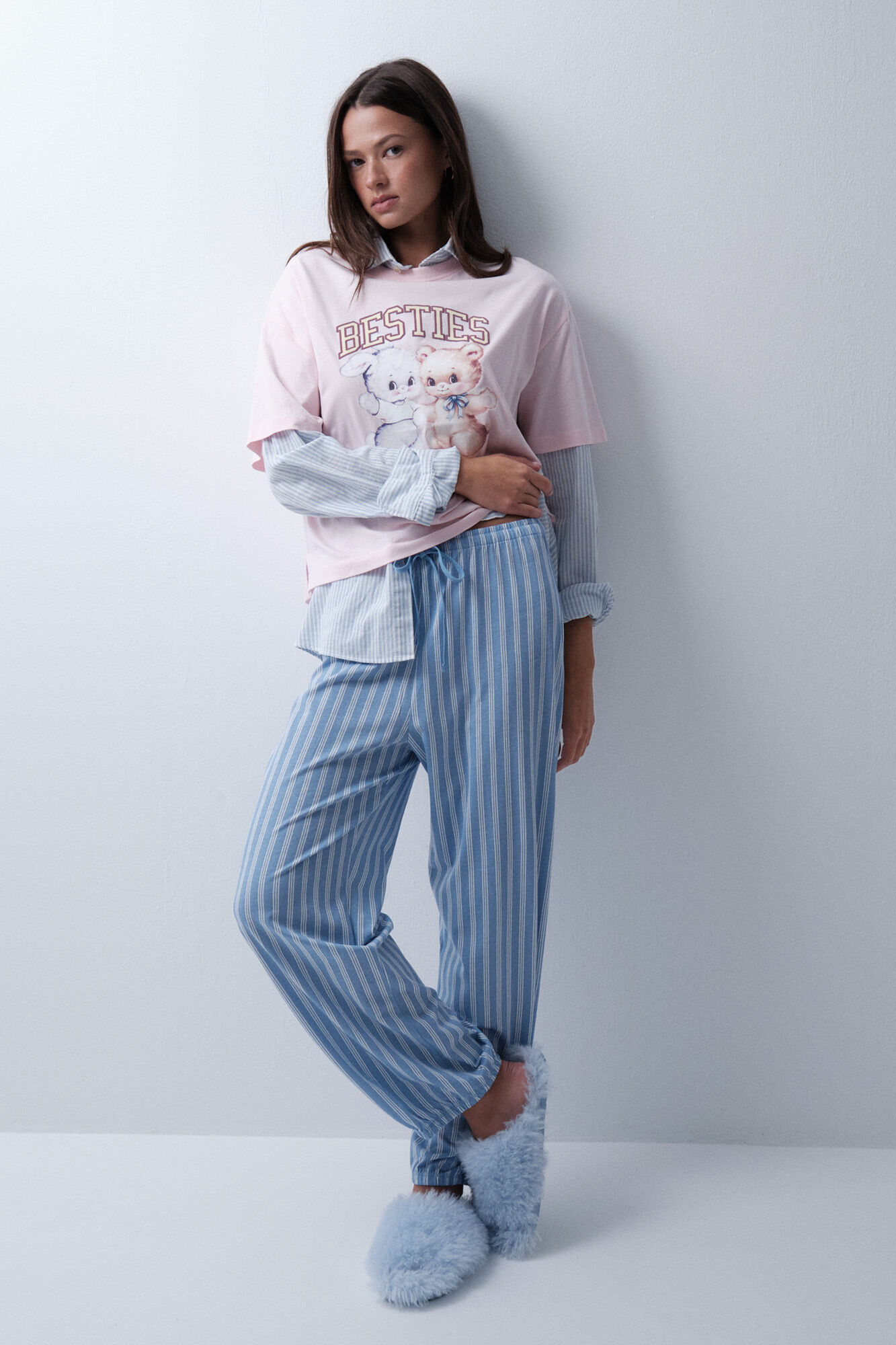 Women'secret Plave duge pantalone na pruge pufnastog kroja