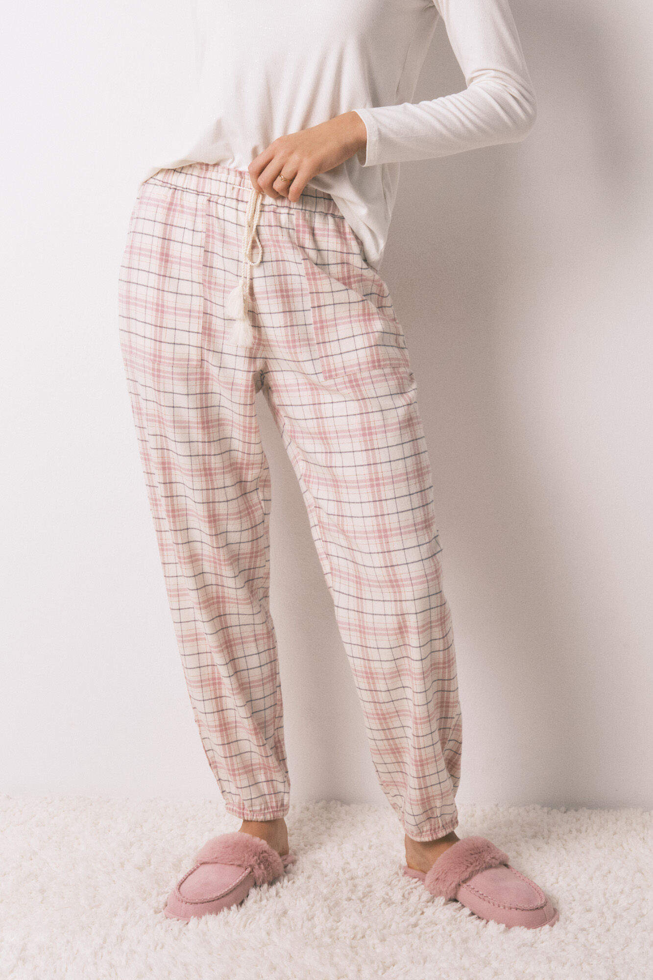 Women'secret Pantal&oacute;n largo franela rosa print cuadros