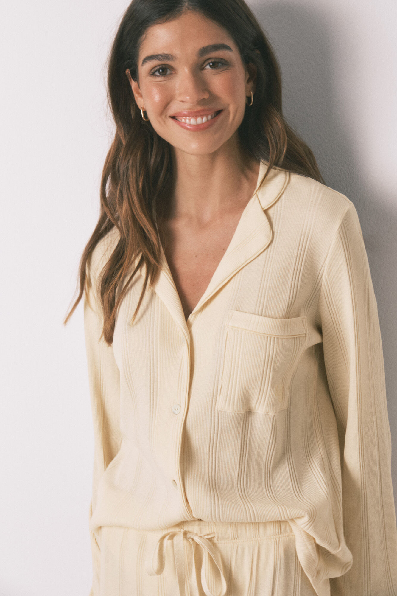 Women'secret Žuta pamučna duga rebrasta ko&scaron;ulja pidžama