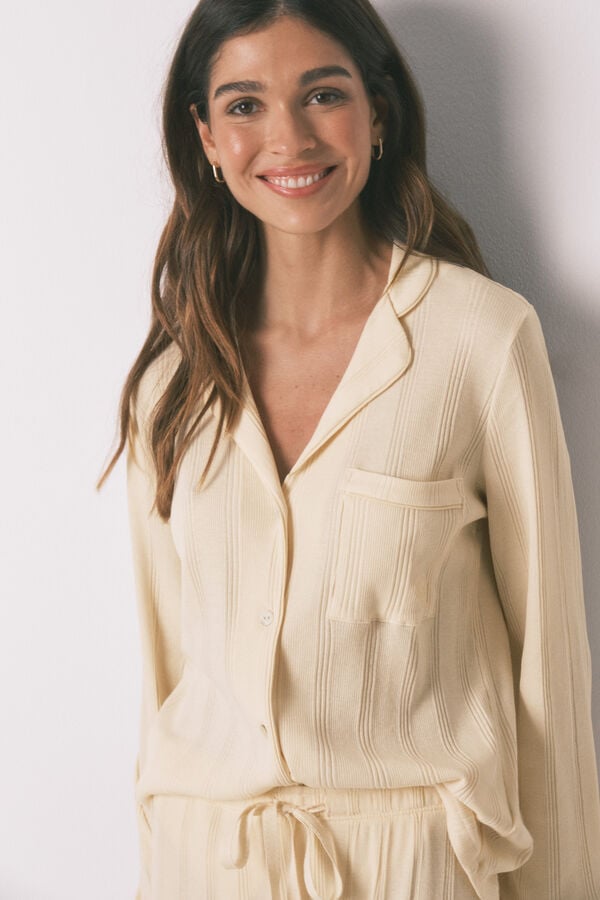 Women'secret Žuta pamučna duga rebrasta ko&scaron;ulja pidžama Bež