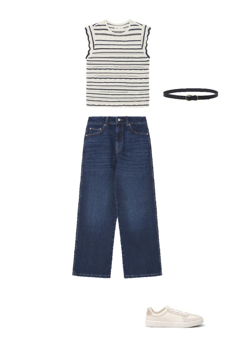 Culotte-Jeans, strickoberteil, hausschuhe und gürtel im Set