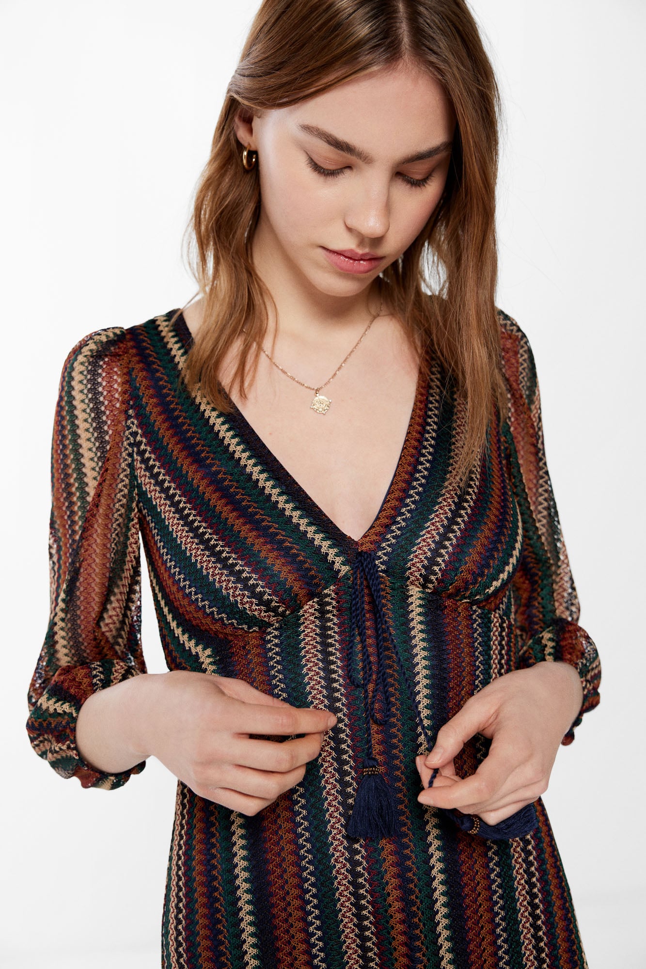 Springfield Damen Midi-Kleid Mit Knöpfen Vorne – Strukturstoff, 3/4-Ärmel