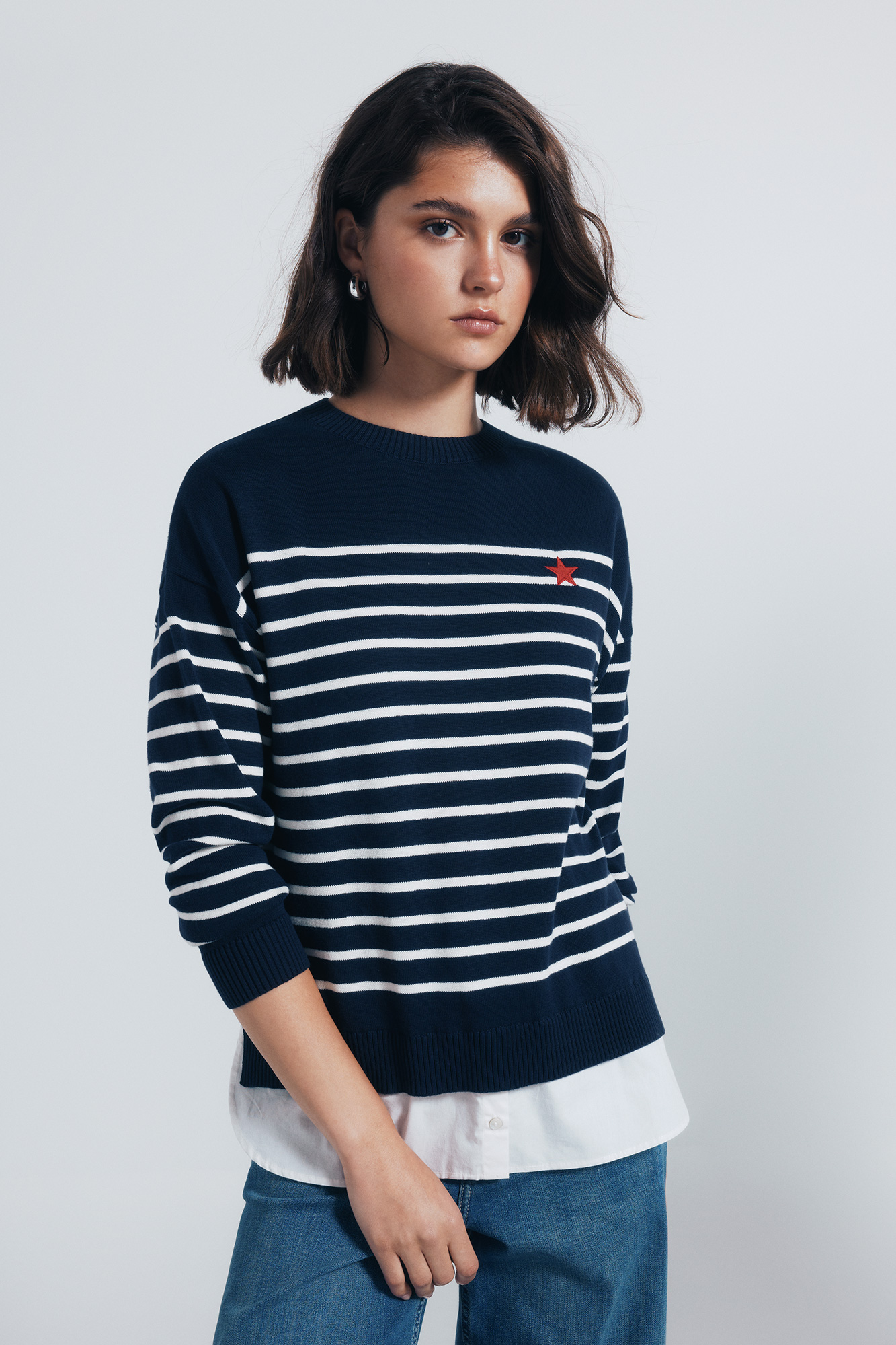 mame　Double-Layer Stripe Jersey Pullover Combined striped jersey with embroidered detail
