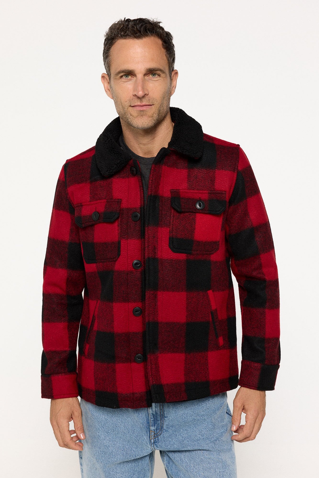 Checkered jacket with faux shearling