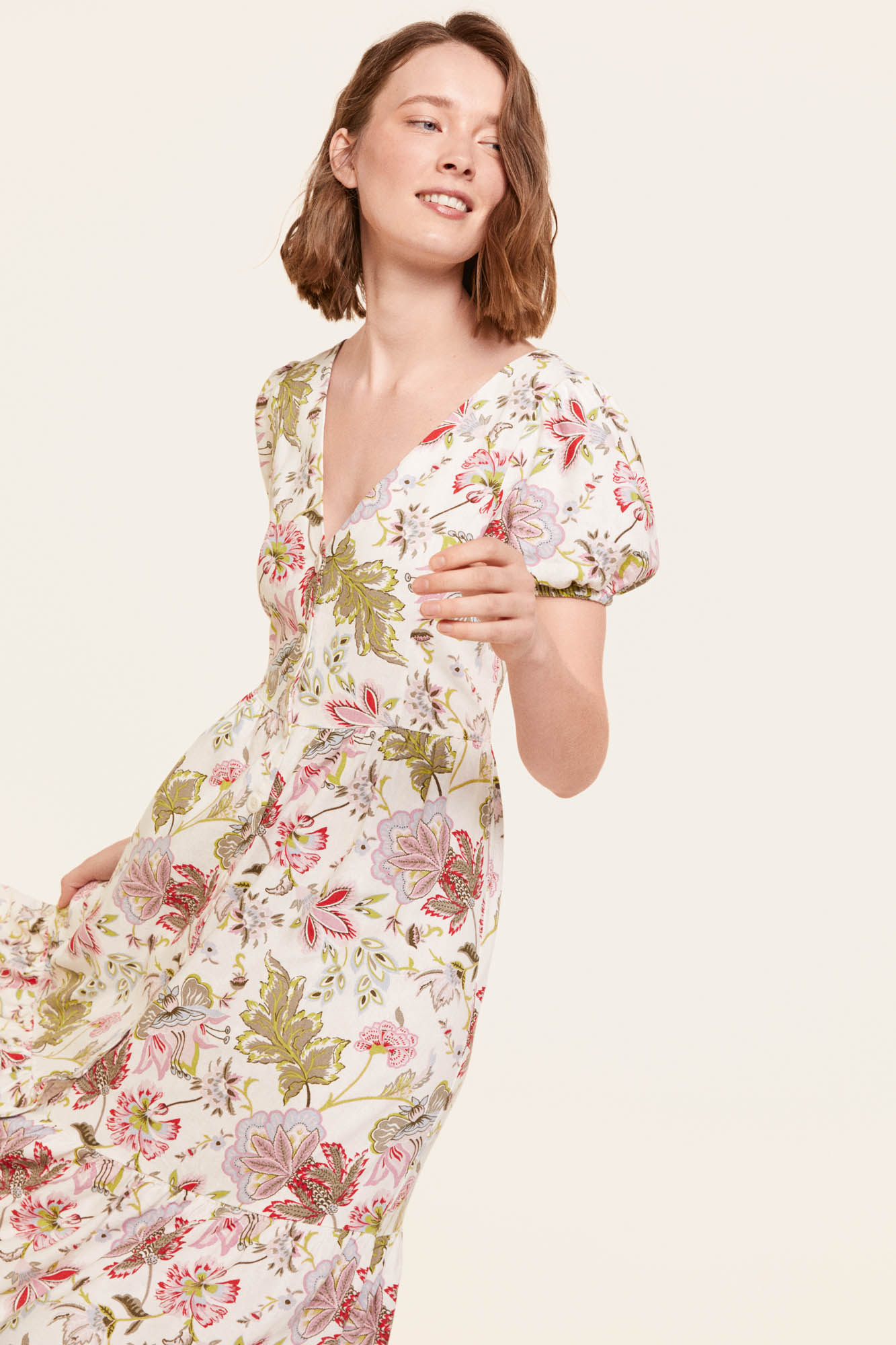 Vestido Midi Flores Lino